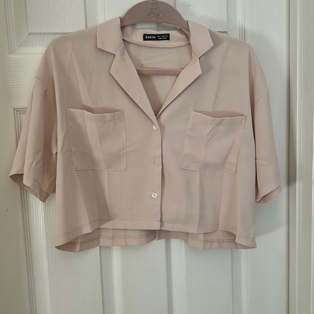 Tan Cropped Short Sleeve Button Up